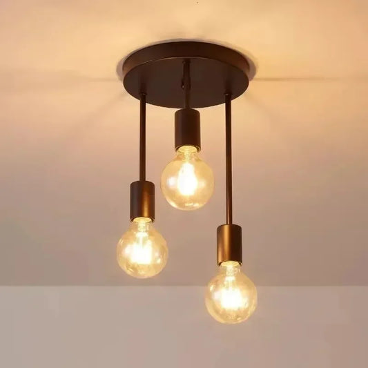 Lustre Pendente de Teto Industrial de Ferro Preto Minimalista 3 Luzes